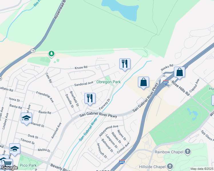 map of restaurants, bars, coffee shops, grocery stores, and more near 3320 Whispering Palms in Pico Rivera