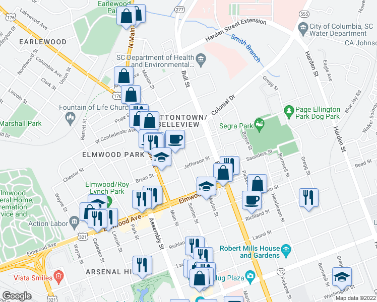 map of restaurants, bars, coffee shops, grocery stores, and more near 2222 Marion St in Columbia