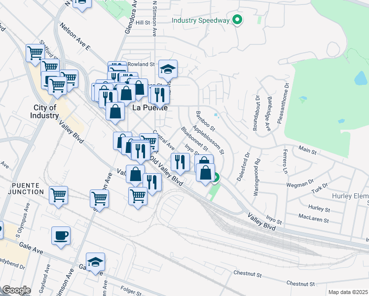 map of restaurants, bars, coffee shops, grocery stores, and more near 16216 Inyo Street in La Puente