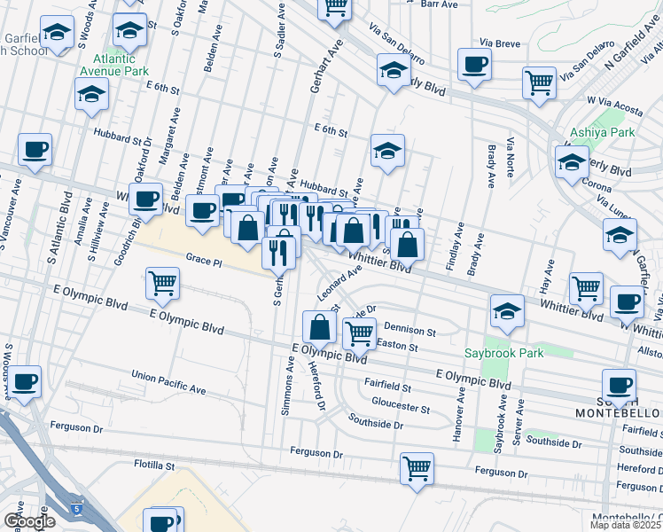 map of restaurants, bars, coffee shops, grocery stores, and more near 949 Leonard Place in East Los Angeles