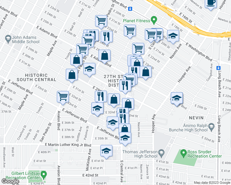 map of restaurants, bars, coffee shops, grocery stores, and more near 1018 East 28th Street in Los Angeles