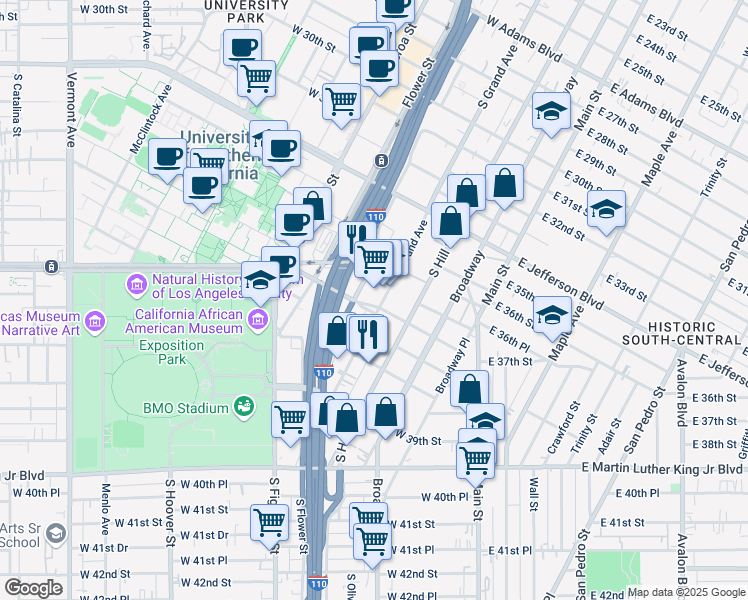map of restaurants, bars, coffee shops, grocery stores, and more near 3667 3/4 South Grand Avenue in Los Angeles