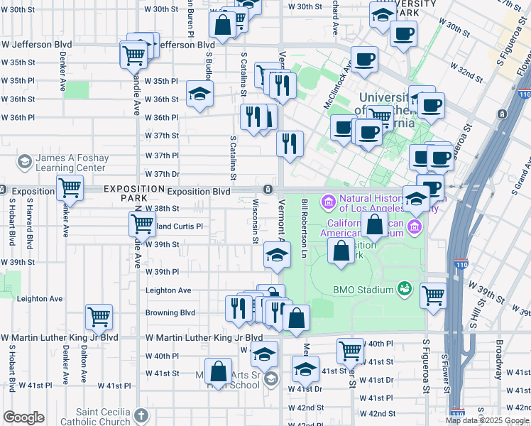 map of restaurants, bars, coffee shops, grocery stores, and more near 3790 Wisconsin Street in Los Angeles