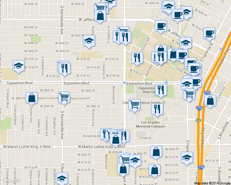 map of restaurants, bars, coffee shops, grocery stores, and more near 3790 Wisconsin Street in Los Angeles