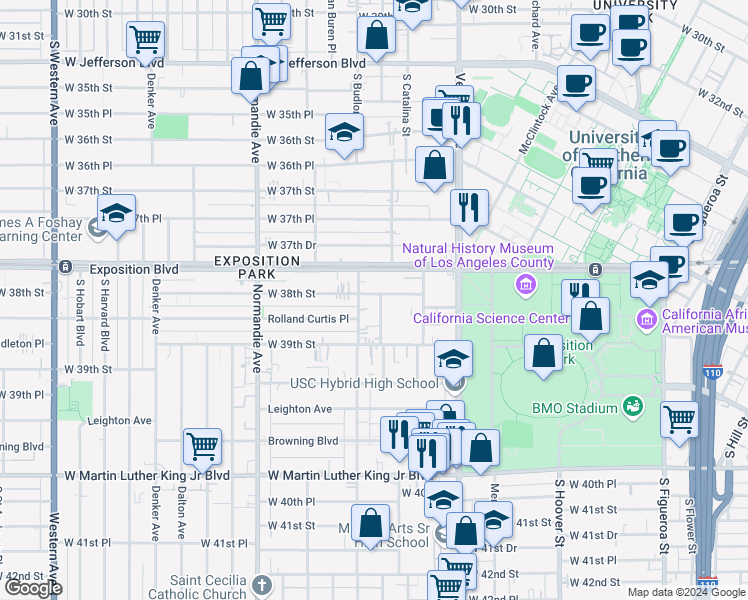 map of restaurants, bars, coffee shops, grocery stores, and more near 1098 West 38th Street in Los Angeles