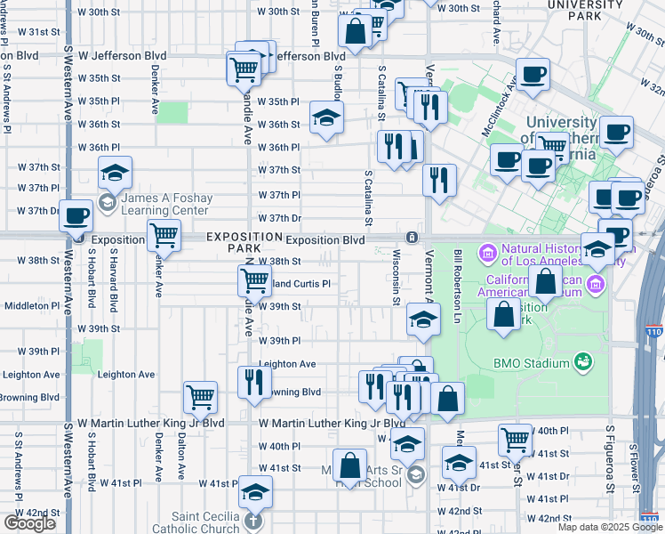 map of restaurants, bars, coffee shops, grocery stores, and more near 3809 1/2 South Budlong Avenue in Los Angeles