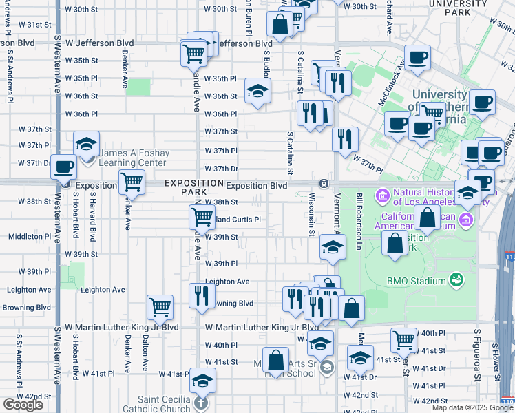 map of restaurants, bars, coffee shops, grocery stores, and more near 3809 1/2 South Budlong Avenue in Los Angeles