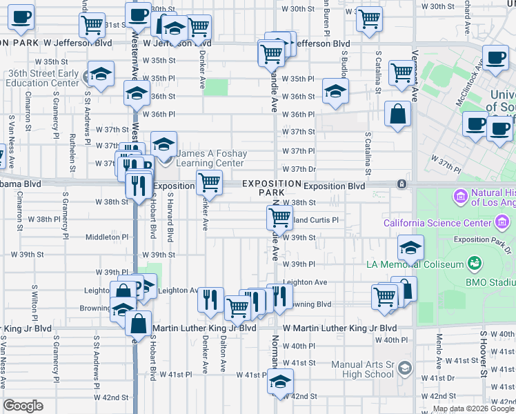 map of restaurants, bars, coffee shops, grocery stores, and more near 1358 West 38th Street in Los Angeles