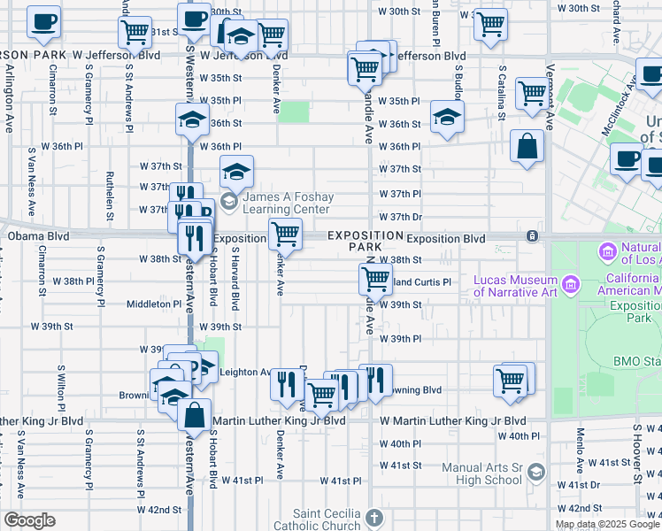 map of restaurants, bars, coffee shops, grocery stores, and more near 1358 West 38th Street in Los Angeles