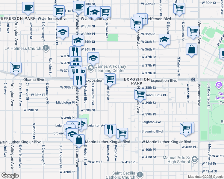 map of restaurants, bars, coffee shops, grocery stores, and more near 1408 West 38th Street in Los Angeles