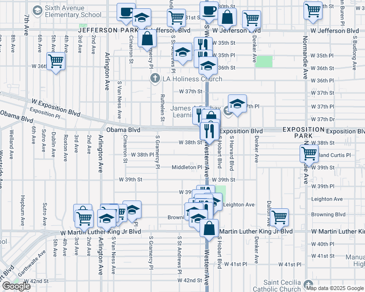 map of restaurants, bars, coffee shops, grocery stores, and more near 3803 South Saint Andrews Place in Los Angeles