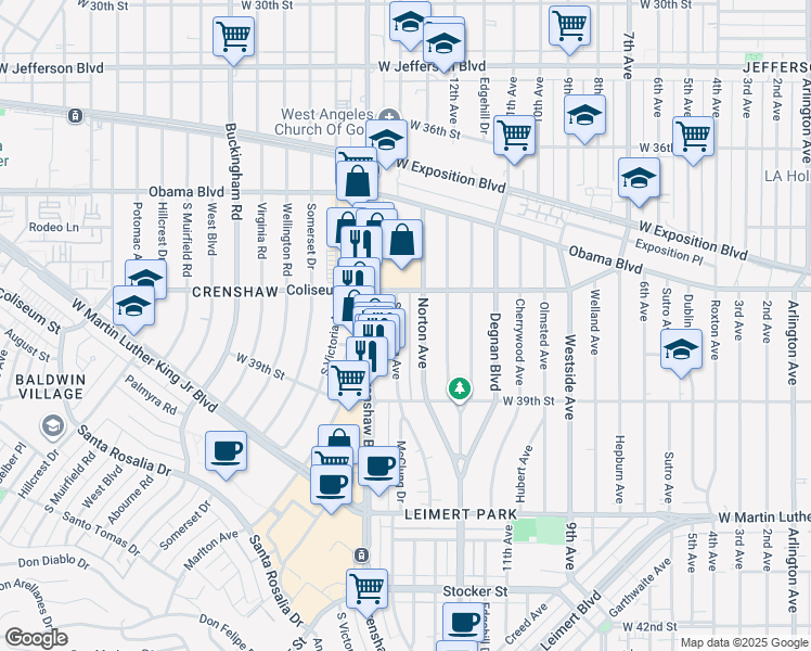 map of restaurants, bars, coffee shops, grocery stores, and more near 3808 South Bronson Avenue in Los Angeles
