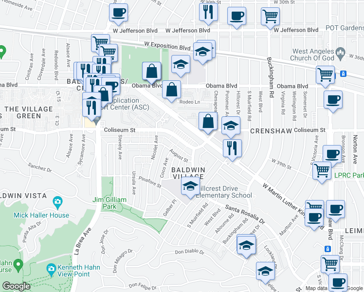 map of restaurants, bars, coffee shops, grocery stores, and more near 4547 August Street in Los Angeles