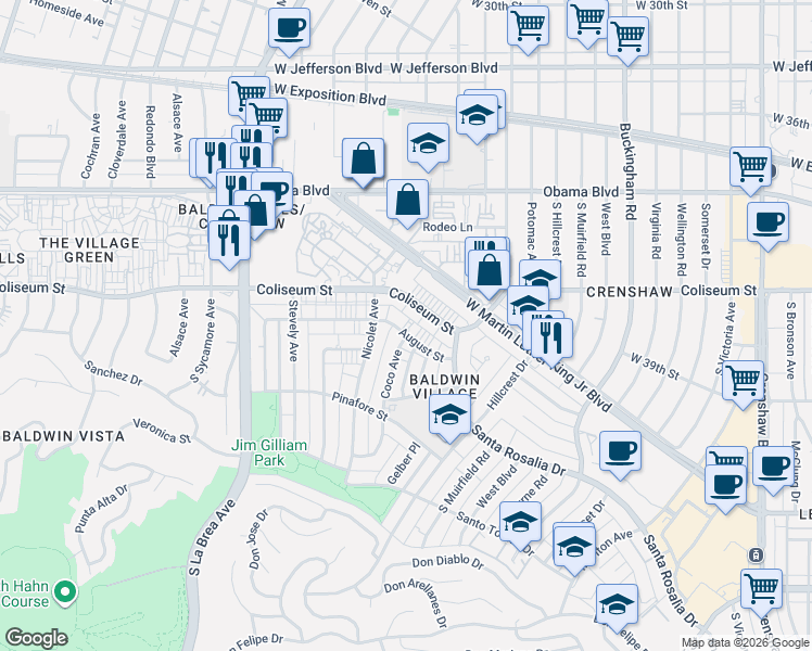 map of restaurants, bars, coffee shops, grocery stores, and more near 4547 August Street in Los Angeles