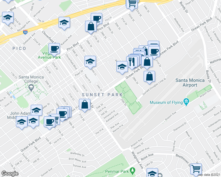 map of restaurants, bars, coffee shops, grocery stores, and more near in Santa Monica