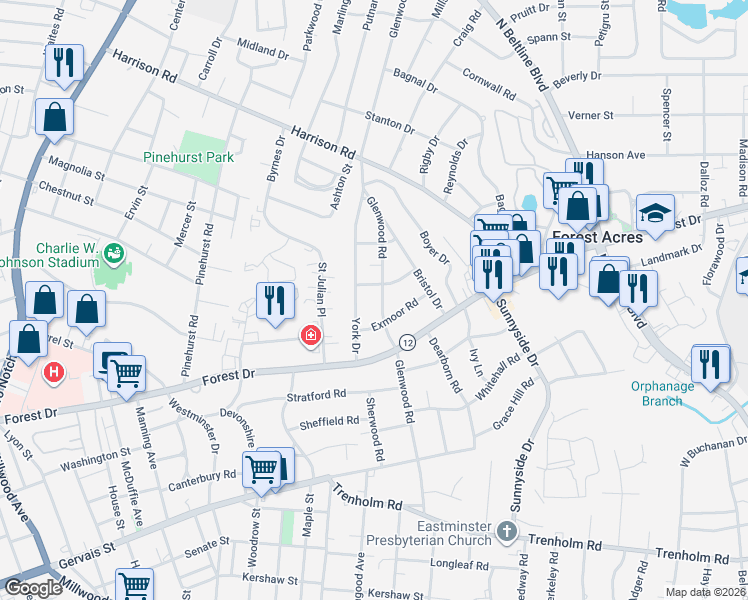 map of restaurants, bars, coffee shops, grocery stores, and more near 1722 York Drive in Columbia