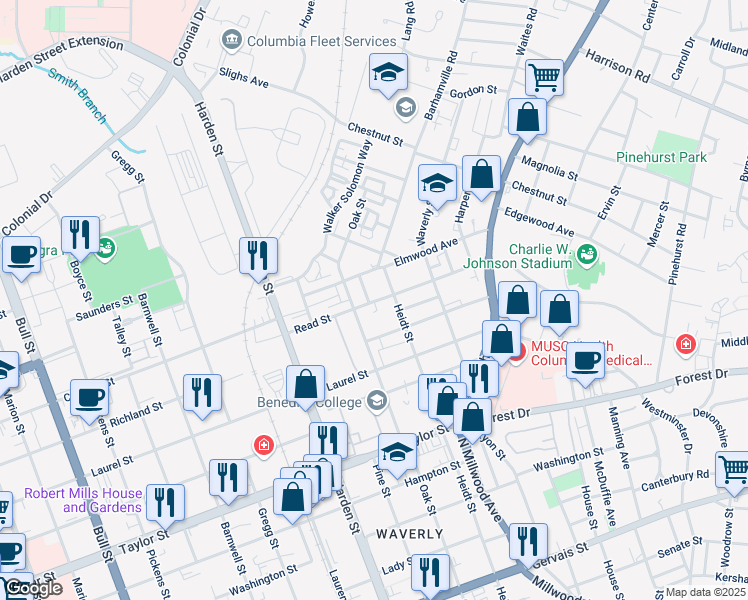 map of restaurants, bars, coffee shops, grocery stores, and more near 2312 Read Street in Columbia