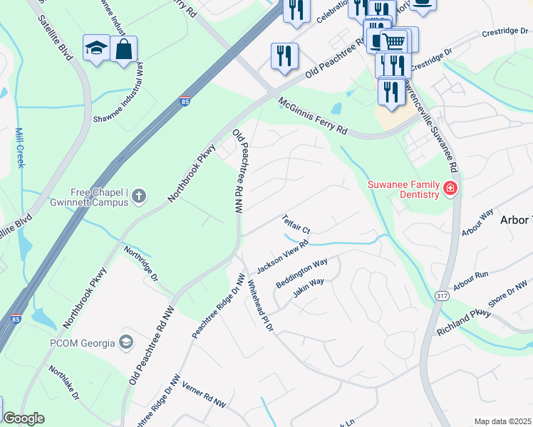 map of restaurants, bars, coffee shops, grocery stores, and more near 717 Jackson Park Lane Northwest in Suwanee