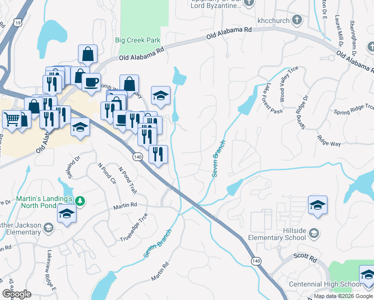 map of restaurants, bars, coffee shops, grocery stores, and more near 670 Creekwood Crossing West in Roswell