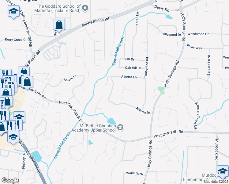 map of restaurants, bars, coffee shops, grocery stores, and more near 2929 Alberta Drive in Marietta
