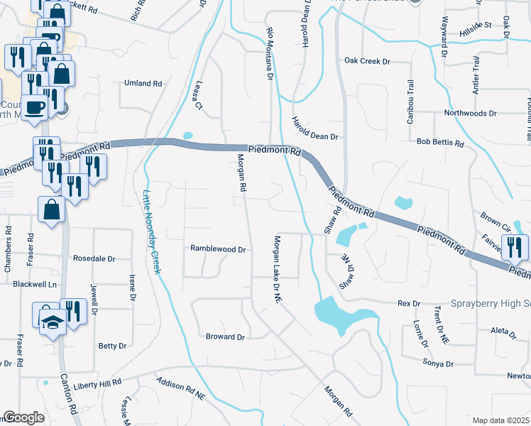 map of restaurants, bars, coffee shops, grocery stores, and more near 1276 Morgan Chase Terrace Northeast in Marietta