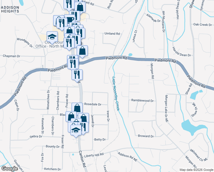 map of restaurants, bars, coffee shops, grocery stores, and more near 2771 New South Drive in Marietta