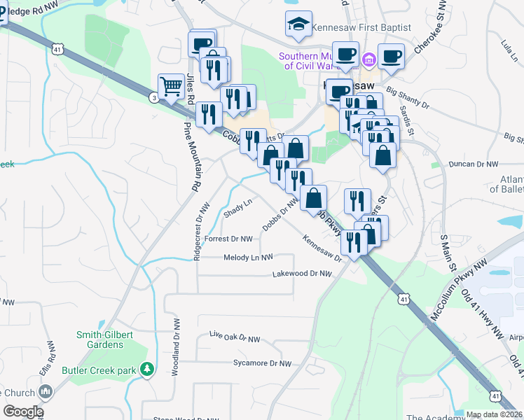 map of restaurants, bars, coffee shops, grocery stores, and more near 3010 Kennesaw Drive in Kennesaw