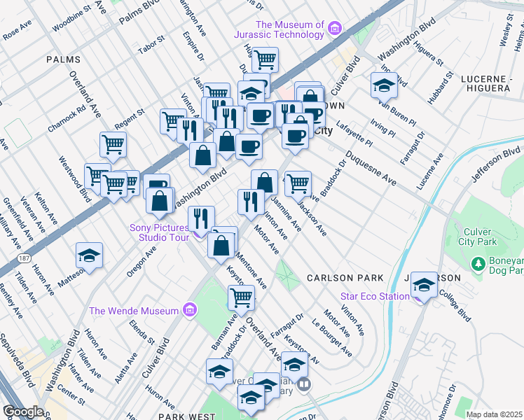 map of restaurants, bars, coffee shops, grocery stores, and more near 4100 Vinton Avenue in Culver City