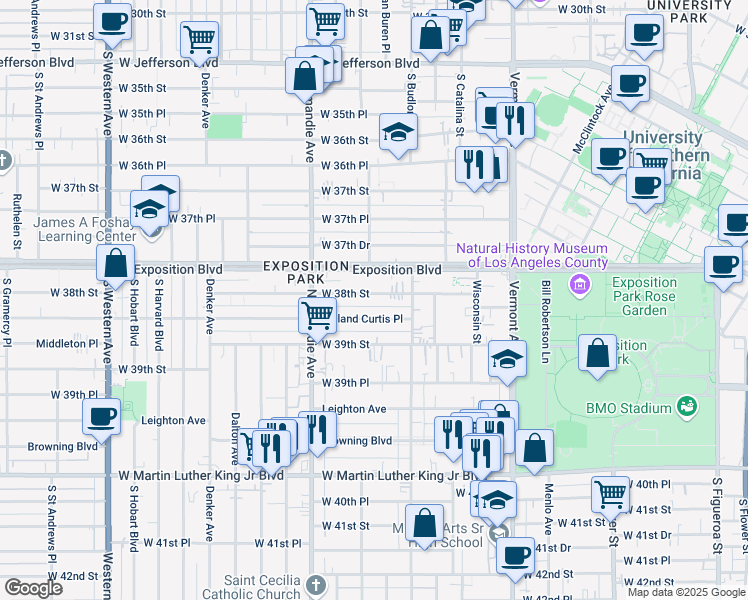 map of restaurants, bars, coffee shops, grocery stores, and more near 1200 West 38th Street in Los Angeles