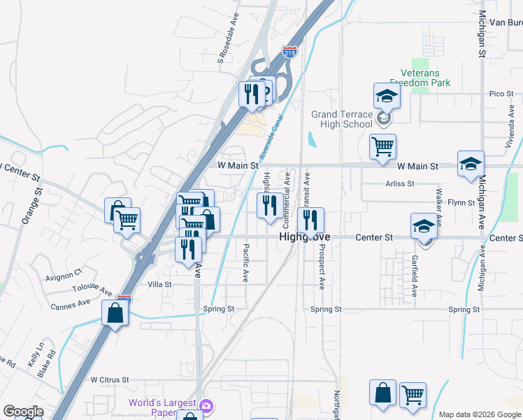 map of restaurants, bars, coffee shops, grocery stores, and more near 189 Highland Avenue in Riverside