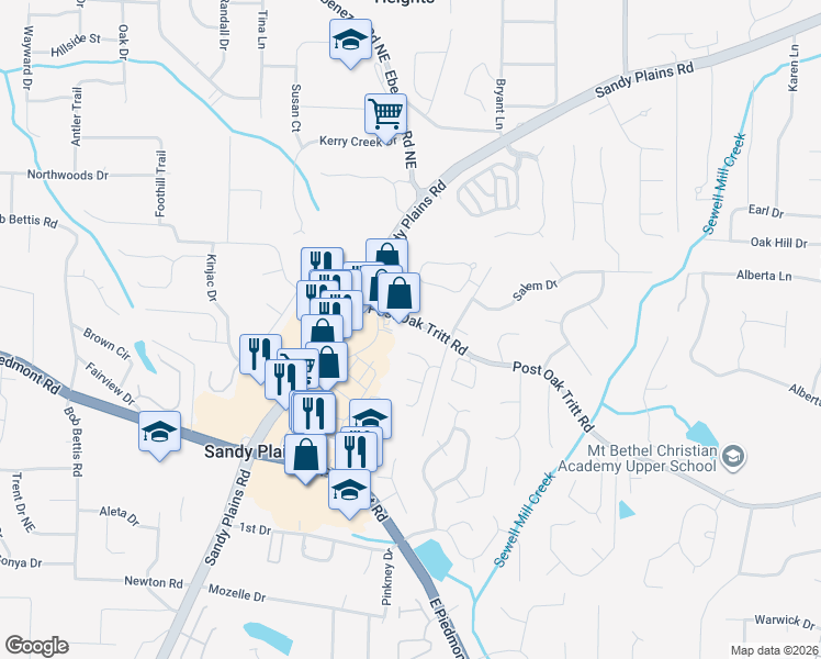 map of restaurants, bars, coffee shops, grocery stores, and more near 2140 Post Oak Tritt Road in Marietta