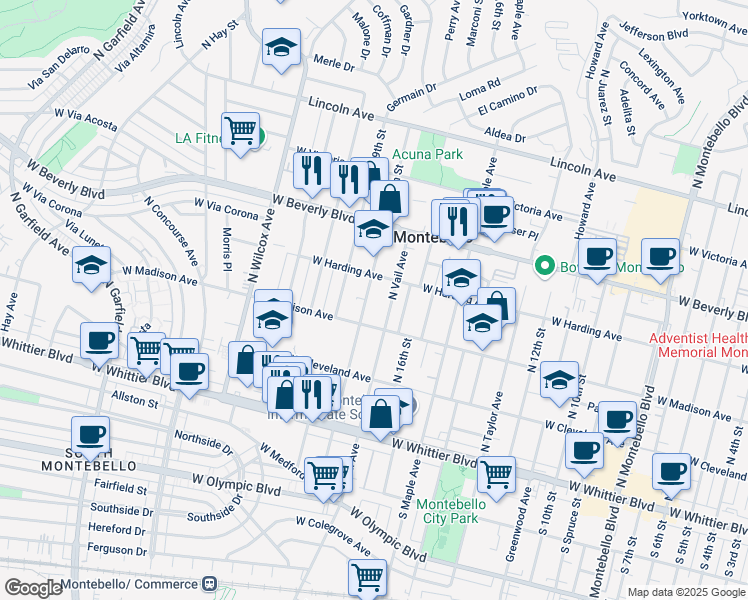 map of restaurants, bars, coffee shops, grocery stores, and more near 321 North 18th Street in Montebello