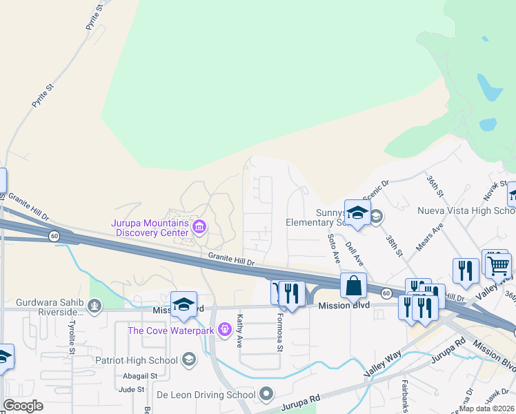 map of restaurants, bars, coffee shops, grocery stores, and more near 7401 Garnet Ridge Road in Jurupa Valley