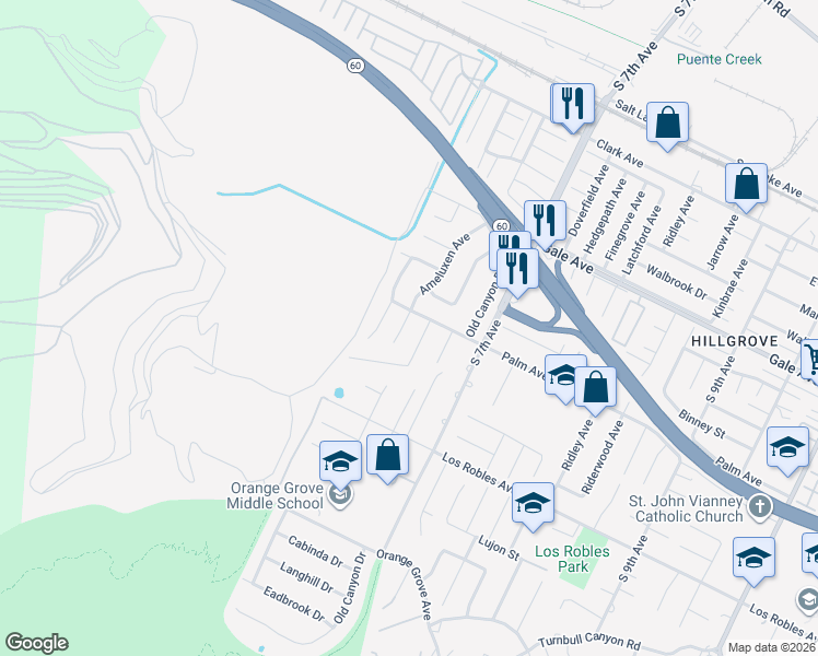 map of restaurants, bars, coffee shops, grocery stores, and more near 1314 Ameluxen Avenue in Hacienda Heights