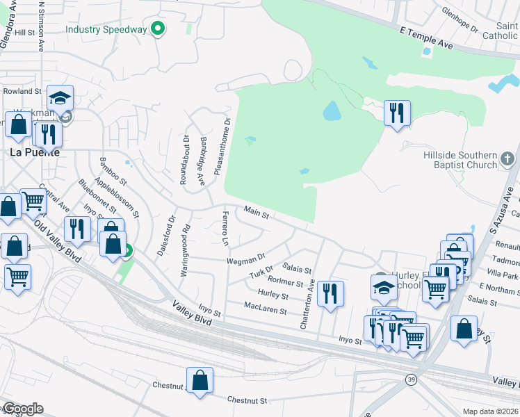 map of restaurants, bars, coffee shops, grocery stores, and more near 16841 Main Street in La Puente