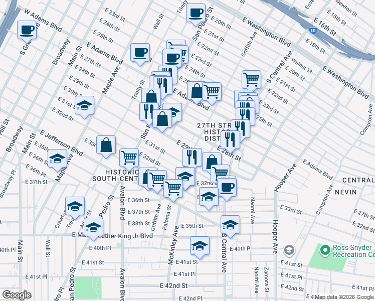 map of restaurants, bars, coffee shops, grocery stores, and more near 854 East 29th Street in Los Angeles