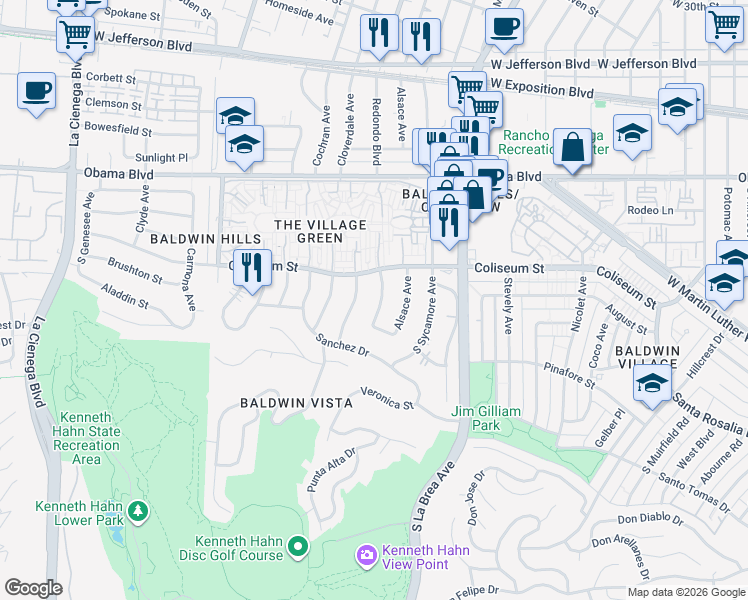 map of restaurants, bars, coffee shops, grocery stores, and more near 3841 Redondo Boulevard in Los Angeles