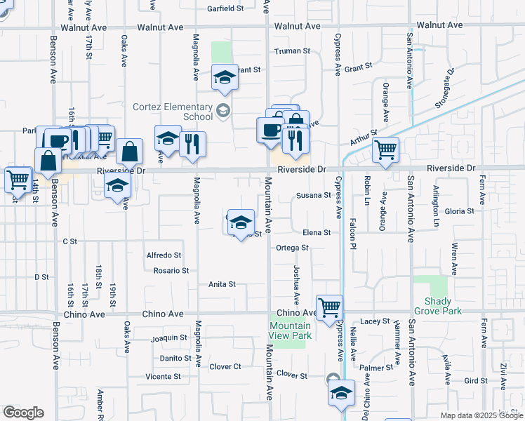 map of restaurants, bars, coffee shops, grocery stores, and more near 13015 Bermuda Avenue in Chino