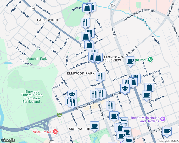 map of restaurants, bars, coffee shops, grocery stores, and more near 1103 Price Avenue in Columbia