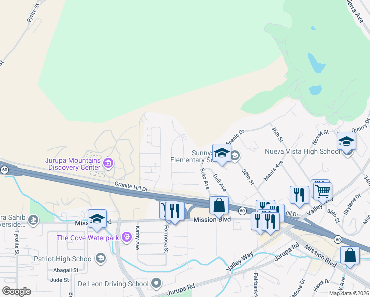 map of restaurants, bars, coffee shops, grocery stores, and more near 7142 Almandine Way in Jurupa Valley
