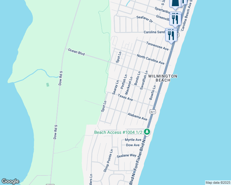 map of restaurants, bars, coffee shops, grocery stores, and more near 1521 Searay Lane in Carolina Beach