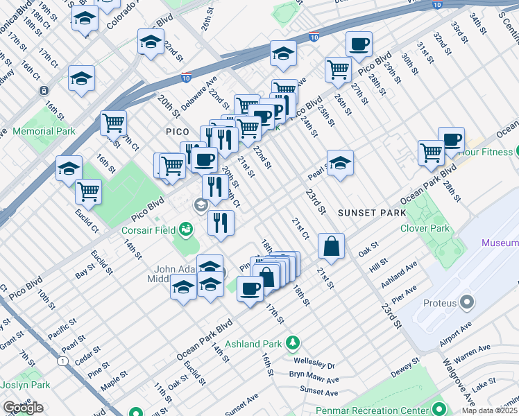 map of restaurants, bars, coffee shops, grocery stores, and more near 2009 Pearl Street in Santa Monica