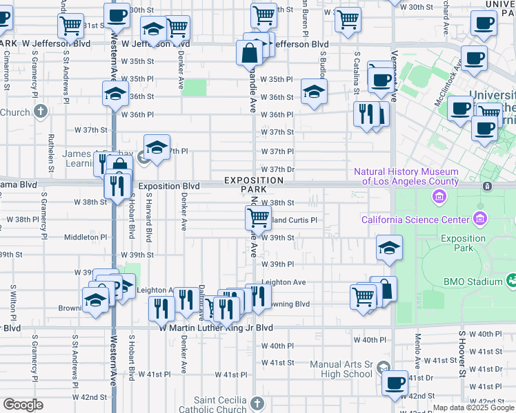 map of restaurants, bars, coffee shops, grocery stores, and more near 1284 West 38th Street in Los Angeles