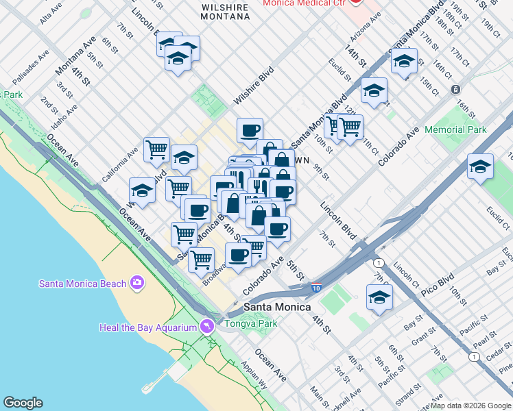 map of restaurants, bars, coffee shops, grocery stores, and more near 1428 6th Street in Santa Monica
