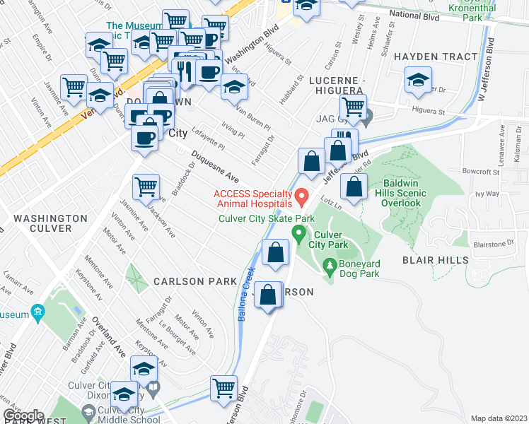 map of restaurants, bars, coffee shops, grocery stores, and more near 4262 Lincoln Avenue in Culver City