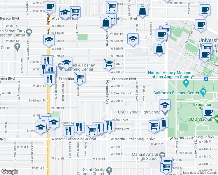 map of restaurants, bars, coffee shops, grocery stores, and more near 1284 West 38th Street in Los Angeles