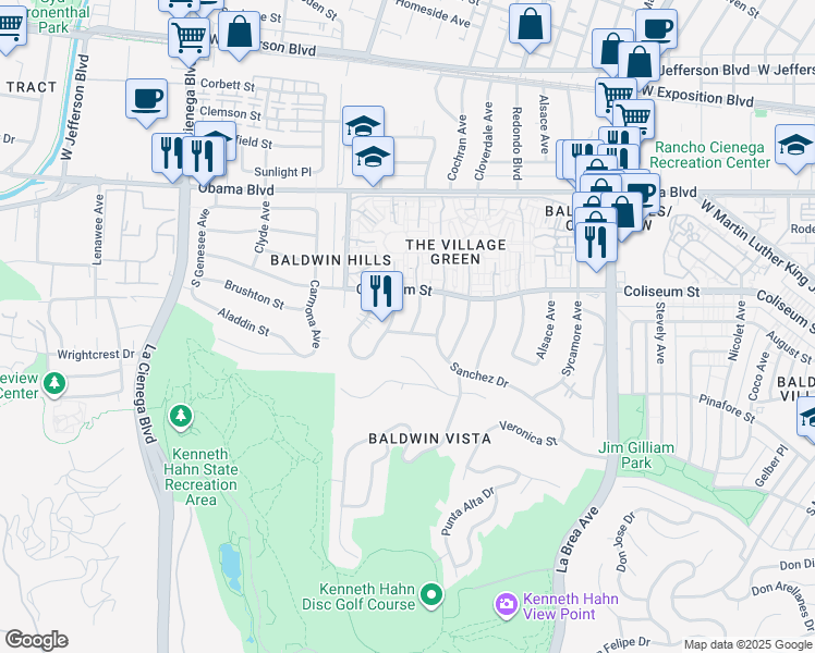 map of restaurants, bars, coffee shops, grocery stores, and more near 3847 South Dunsmuir Avenue in Los Angeles