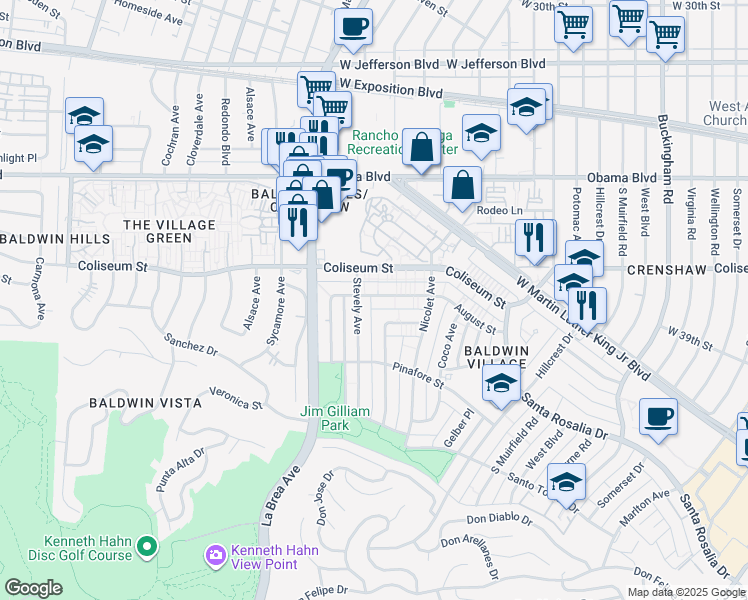 map of restaurants, bars, coffee shops, grocery stores, and more near 4908 August Street in Los Angeles
