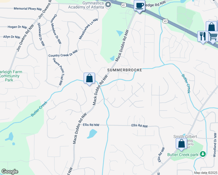 map of restaurants, bars, coffee shops, grocery stores, and more near 2636 Butler Bridge Way Northwest in Kennesaw