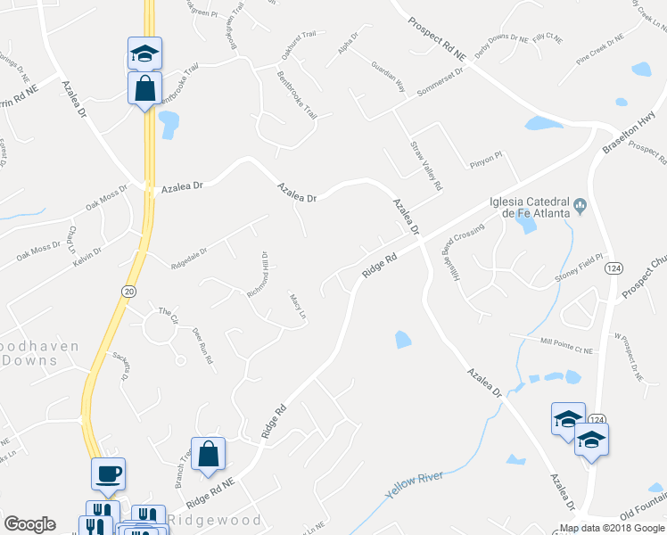 map of restaurants, bars, coffee shops, grocery stores, and more near 1360 Azalea Brook Drive in Lawrenceville